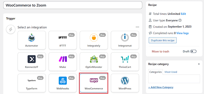 Select WooCommerce as trigger integration Select WooCommerce as trigger integration