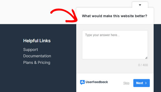 Client feedback form example created with UserFeedback UserFeedback popup survey example