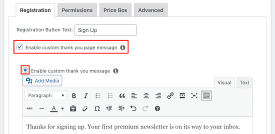 Enable custom thank you message Enable custom thank you message