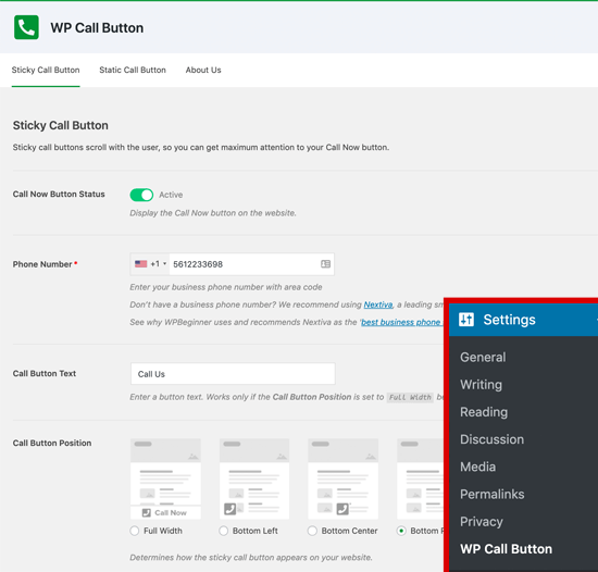 WP Call button settings WP Call button settings