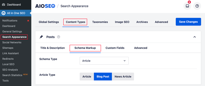 Schema markup in AIOSEO settings Schema markup in AIOSEO settings