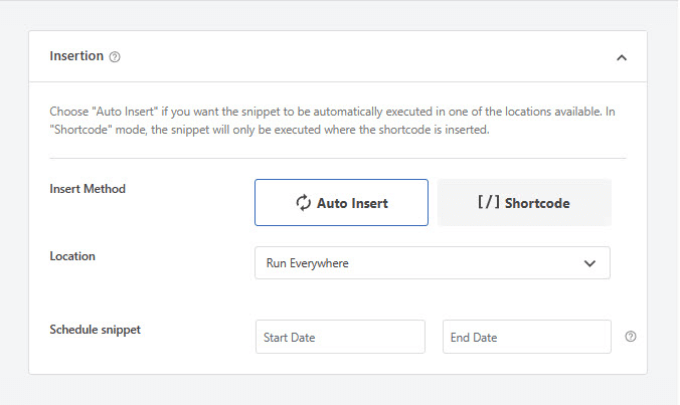 Insertion method in WPCode Insertion method in WPCode