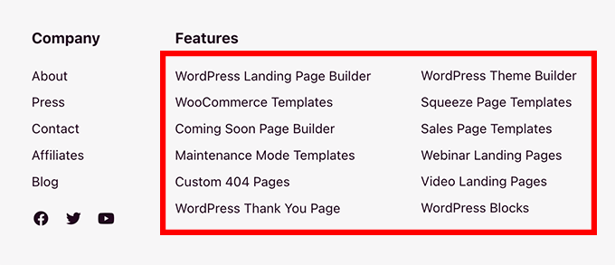 Footer links example Footer links example