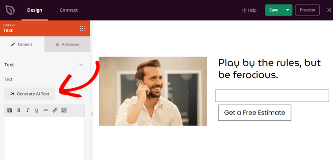 Click the Generate AI Text button in SeedProd Click the Generate AI Text button in SeedProd