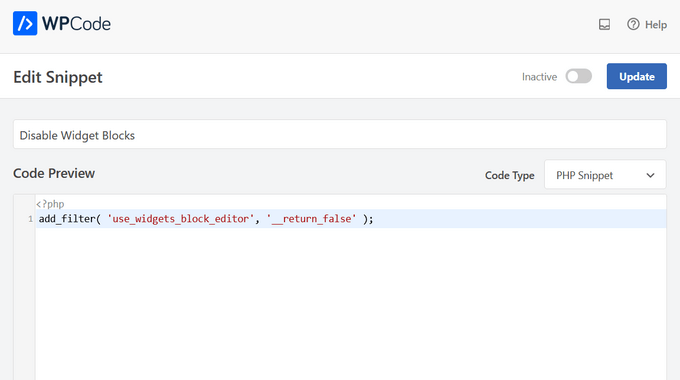 blocks-snippet WPCode Disable Widget Blocks snippet