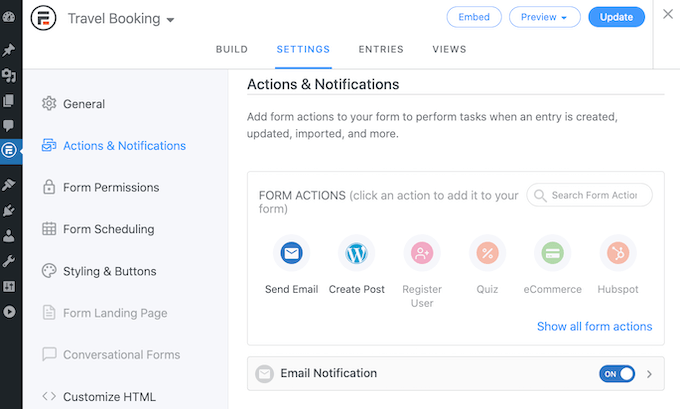 formidable-actions-notifications Configuring the booking form notifications.