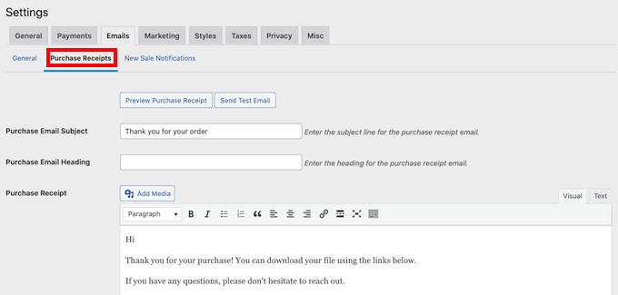 Customizing the purchase receipt email Customizing the purchase receipt email
