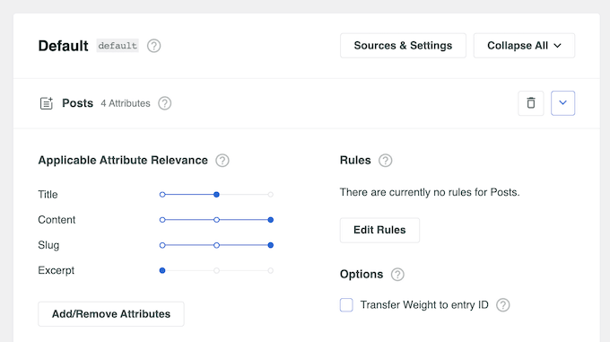 An example of attributes with different relevancy settings in a custom search algorithm An example of attributes with different relevancy settings in a custom search algorithm