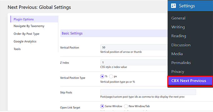 Next and previous link plugin settings Next and previous link plugin settings
