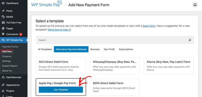 Select the Apple Pay / Google Pay Template Select the Apple Pay / Google Pay Template