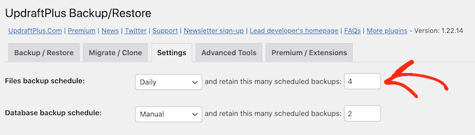 UpdraftPlus' WordPress backup settings UpdraftPlus' WordPress backup settings