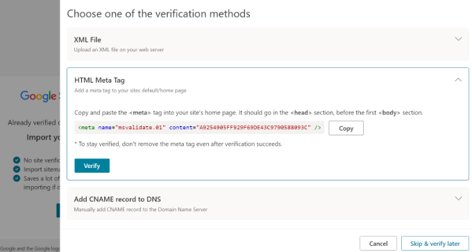Different methods for verifying your site Different methods for verifying your site