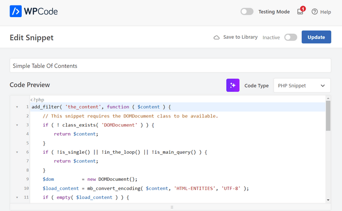 Largest Content Paintful element WPCode automatically adds the code for the table of contents
