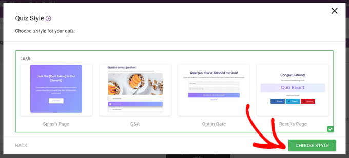 Choose a quiz style template Choose a quiz style template