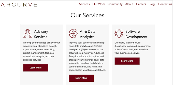 An example of a services section with CTA buttons An example of a services section with CTA buttons