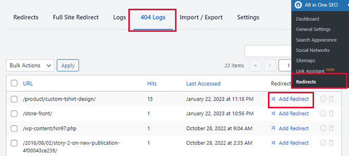 404 error logs in AIOSEO 404 error logs in AIOSEO