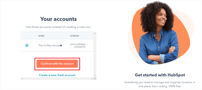 continue with this account hubspot
