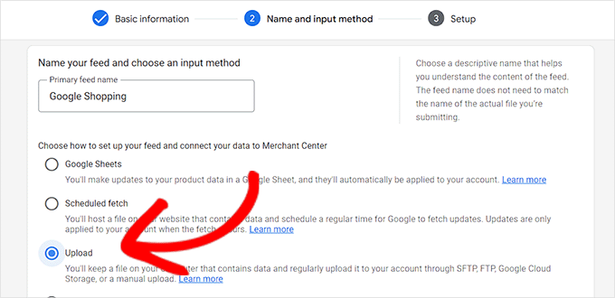 Choose a name and method for uploading the feed Choose a name and method for uploading the feed