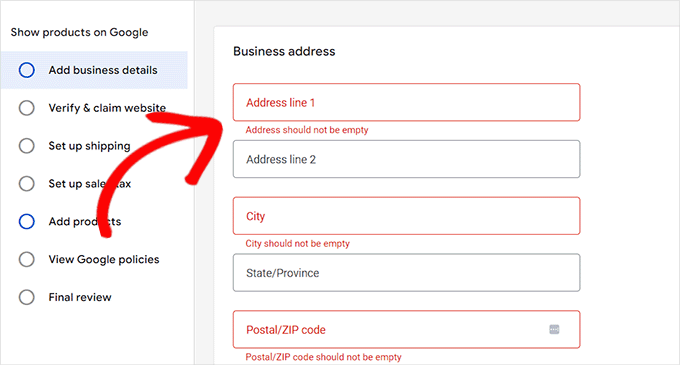 Provide shipping and business details once a GMC account is created Provide shipping and business details once a GMC account is created