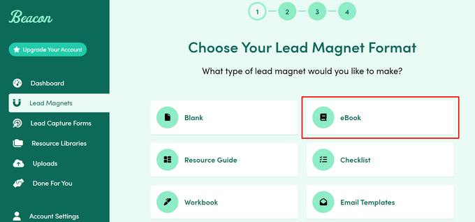 Select the ebook option in Beacon dashboard Select the ebook option in Beacon dashboard