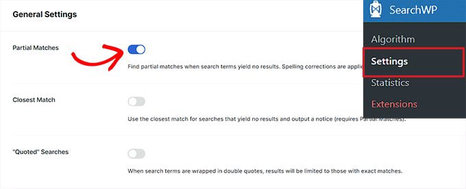 Toggle the Partial matches switch Toggle the Partial matches switch