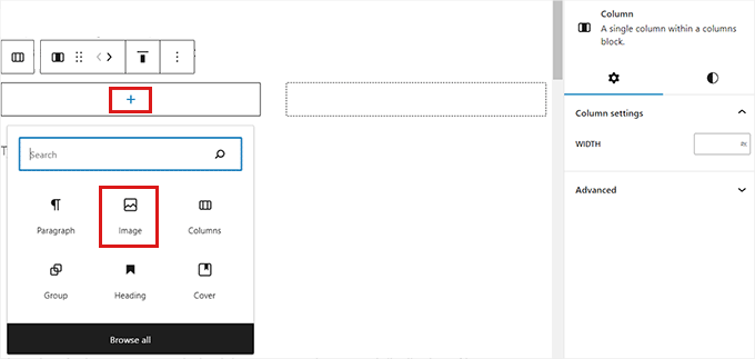 Add the image block and then add product image from the media library Add the image block and then add product image from the media library
