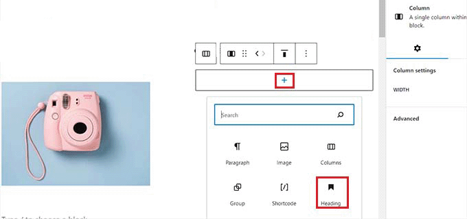 Add the Heading block and type product title Add the Heading block and type product title
