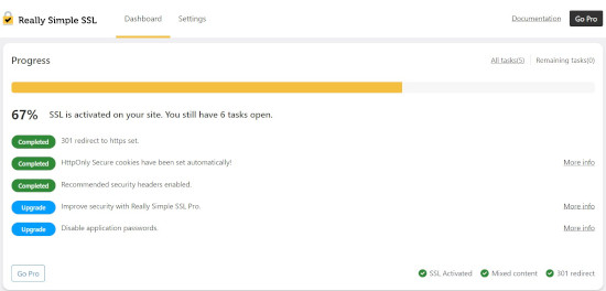 Really Simple SSL settings Really Simple SSL settings page