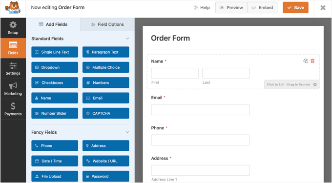 WPForms Will Pre-load the Form Builder with a Simple Order Form