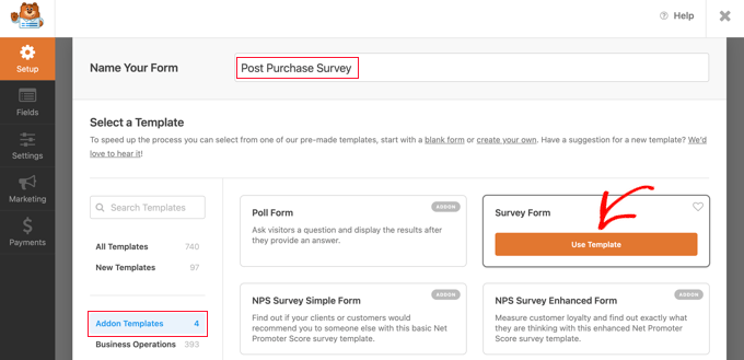 Select the Survey Form Template in WPForms Select the Survey Form Template in WPForms