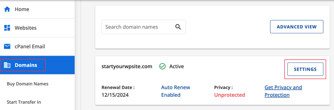 Click the Settings Button Next to Your Domain in Bluehost Click the Settings Button Next to Your Domain in Bluehost