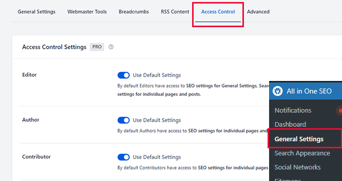 The Access Control settings in AIOSEO The Access Control settings in AIOSEO
