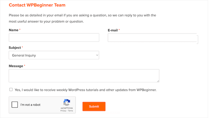 The WPBeginner contact form The WPBeginner contact form