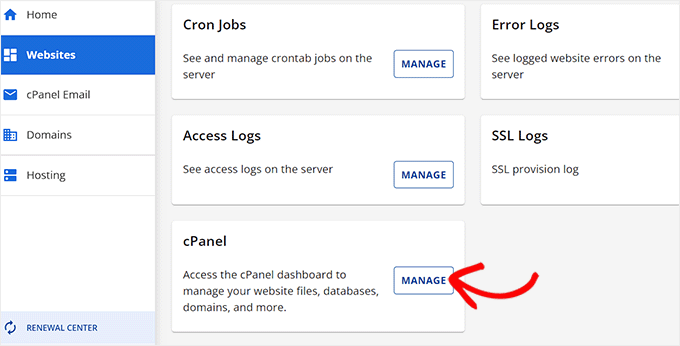 click-manage-button-next-to-cpanel Select cPanel