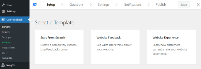 Choosing a UserFeedback template Choosing a UserFeedback template