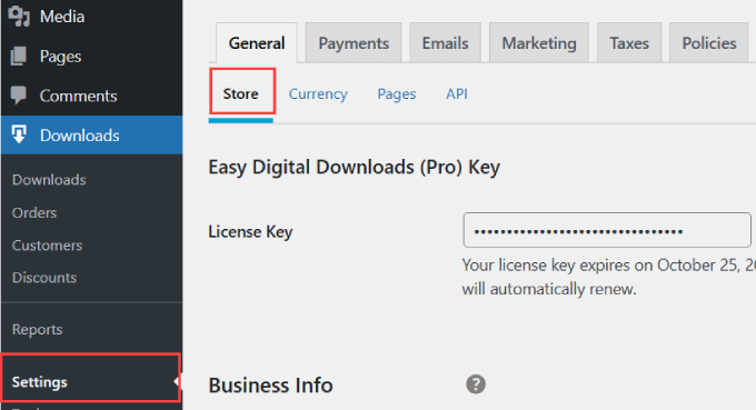 Store settings in EDD Store settings in EDD