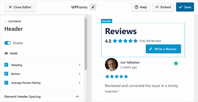 The Reviews Feed Pro Header settings The Reviews Feed Pro Header settings