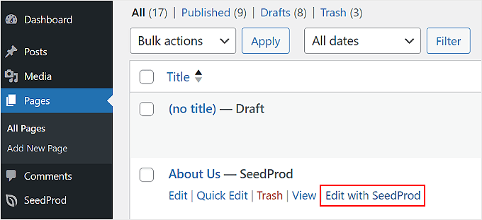 Clicking Edit with SeedProd on a WordPress page Clicking Edit with SeedProd on a WordPress page