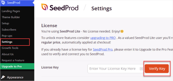 Enter a name for your campaign Verify key for SeedProd