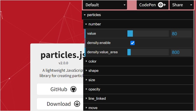 Editing the Particles settings in Vincent Garreau's particle.js website Editing the Particles settings in Vincent Garreau's particle.js website