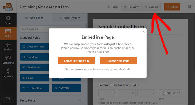 The Embed popup in WPForms The Embed popup in WPForms