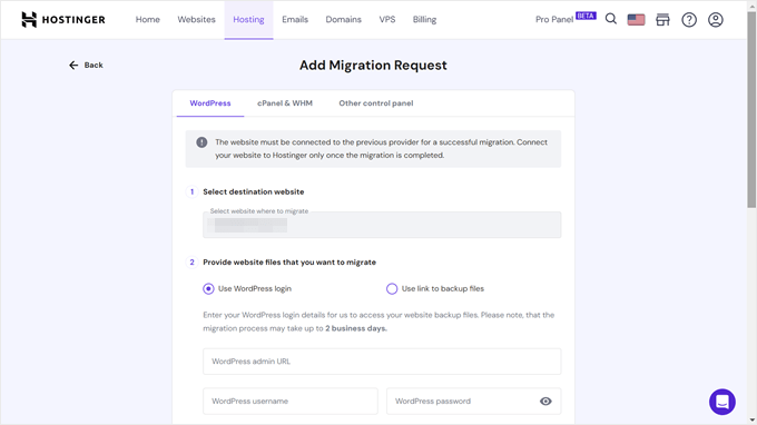 Hostinger's free migration request feature Hostinger's free migration request feature