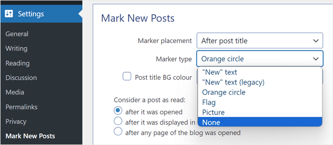 Selecting a new post marker type in Mark New Posts plugin Selecting a new post marker type in Mark New Posts plugin