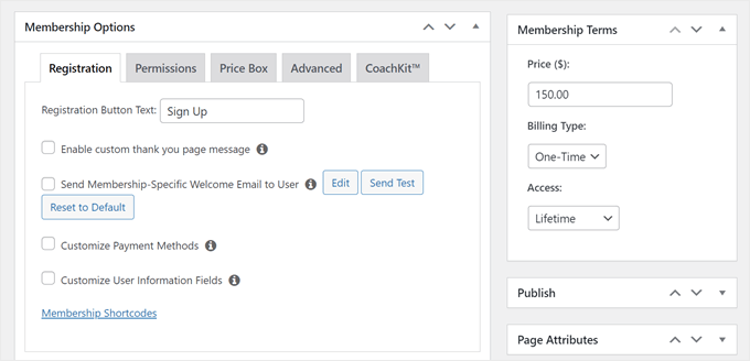 The Membership Options settings when creating a new MemberPress membership plan The Membership Options settings when creating a new MemberPress membership plan