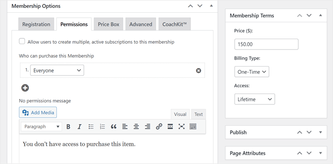 The Permissions settings when creating a new MemberPress membership plan The Permissions settings when creating a new MemberPress membership plan