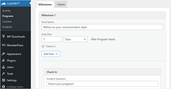 Setting up a coaching program milestone in MemberPress Setting up a coaching program milestone in MemberPress