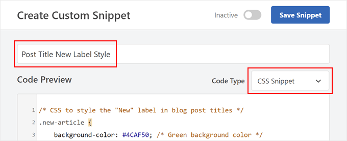 css-snippet-min Creating a CSS code to customize the new post label in WPCode