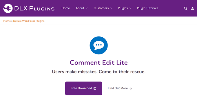 Comment Edit Core's landing page for the free version of the plugin Comment Edit Core's landing page for the free version of the plugin