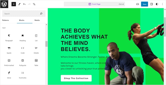 Editing a gym website using the Full Site Editor Editing a gym website using the Full Site Editor