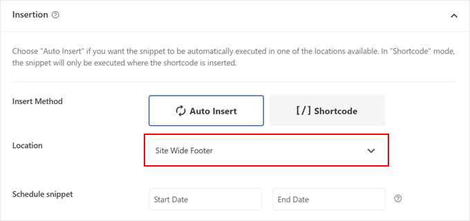 Choosing Site Wide Footer for the code snippet location in WPCode